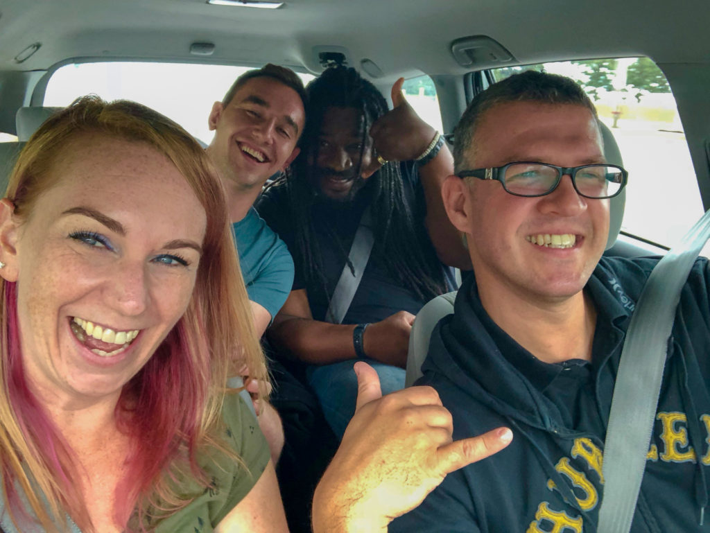 Founding members of Toronto Bloggers Collective driving to Corning, New York #TBEX #myFLXtbex #wanderingwagars #rudderlesstravel #Kathrynanywhere #travelingMitch #roadtrip #travelbloggers