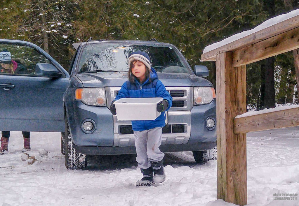 Little Man helping unload supplies from our Ford Escape for winter camping at MacGregor Point Provincial Park #findyourselfhere #macgregorpointprovincialpark #macgregorpoint #macgregorpp #ontarioparks #yurtcamping #wintercamping #outdoors #adventureparenting #portelgin #brucepeninsula PHOTO BY BRIAN TAO, LUXOGRAPHY 2019