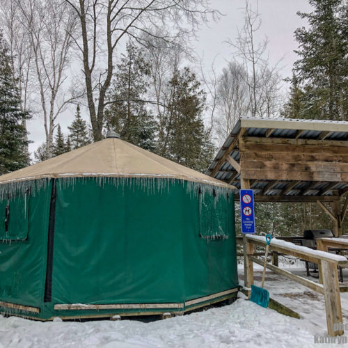 Green Ontario Parks yurt for winter camping at MacGregor Point Provincial Park #findyourselfhere #macgregorpointprovincialpark #macgregorpoint #macgregorpp #ontarioparks #yurtcamping #wintercamping #outdoors #adventureparenting #portelgin #brucepeninsula PHOTO BY kathryn dickson