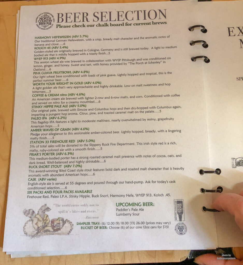 The beer menu at North Country Brewing Company in Butler County PA
