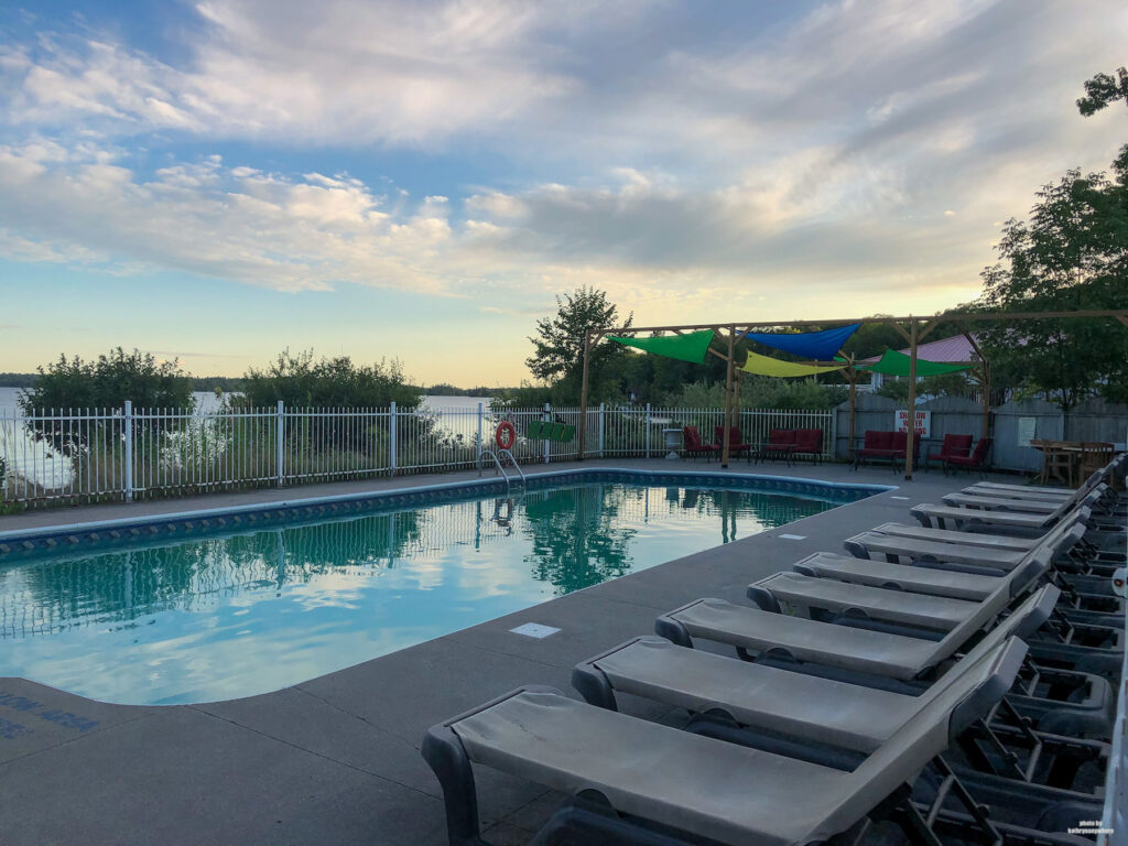 outdoor pool at Viamede Resort facing Stoney Lake