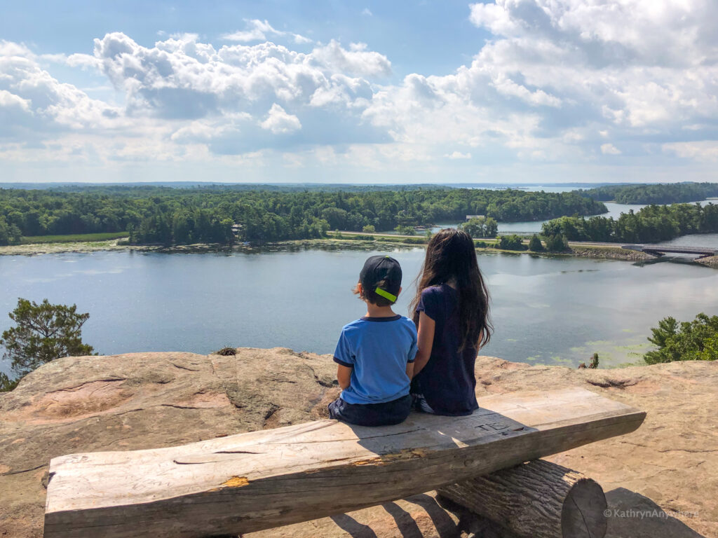 Hiked to the Landon Bay look out in 1000 Islands with kids for the best view