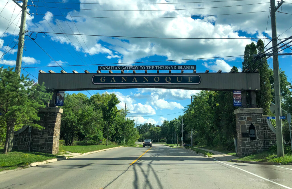 Welcome to Gananoque, Ontario. Sign on road driving south to downtown.