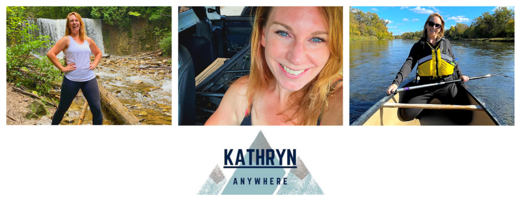 KathrynAnywhere 3 frame cover image at a waterfall, on a canoe and in jeep