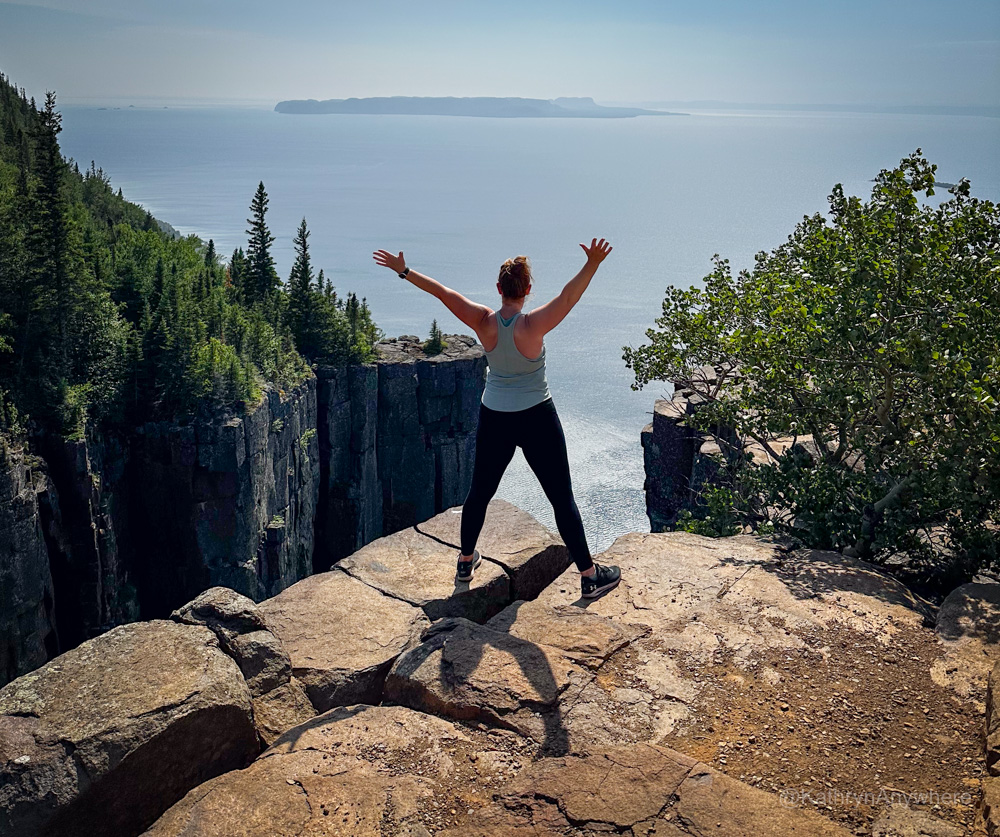Author posing with back to camera in excitement - Amazing Things to do Thunder Bay - Top of the Giant at Sleeping Giant