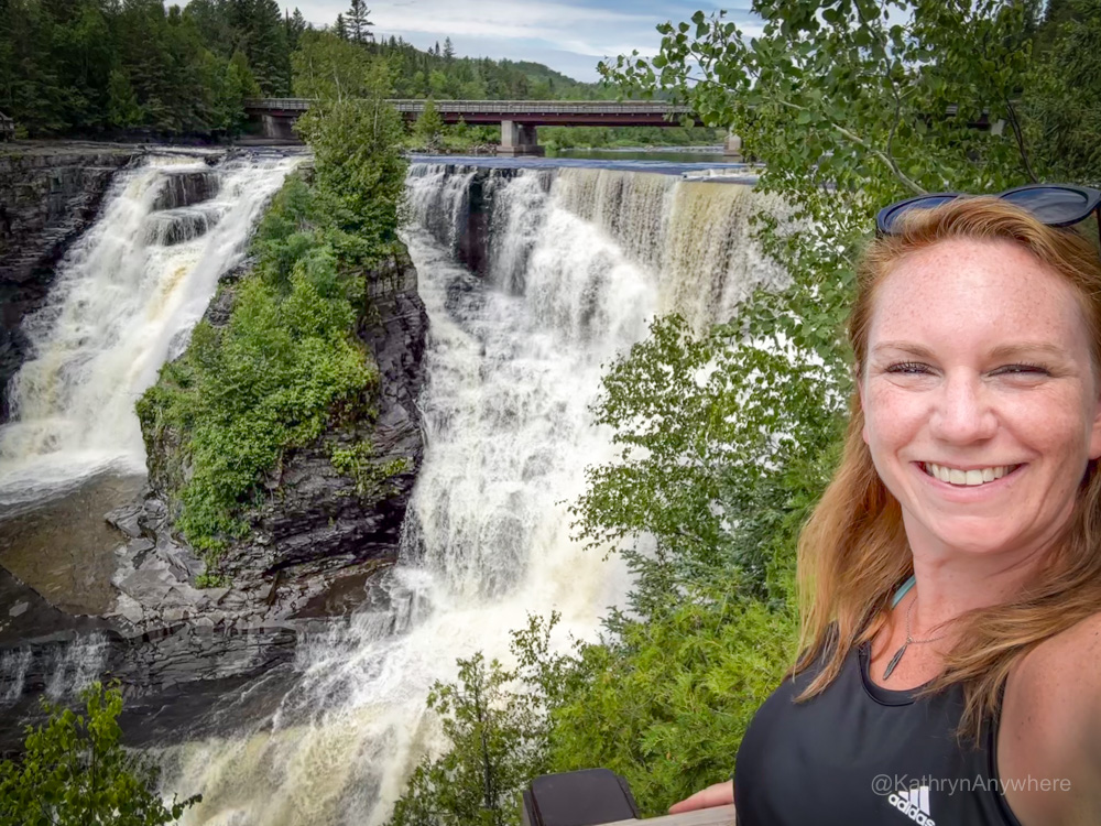 selfie view of Kakabeka Falls from 50 metres from the parking lot